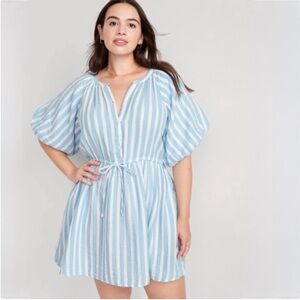Old Navy Cotton Gauze Puff Sleeve Blue and White Striped Dress Size Petite Large